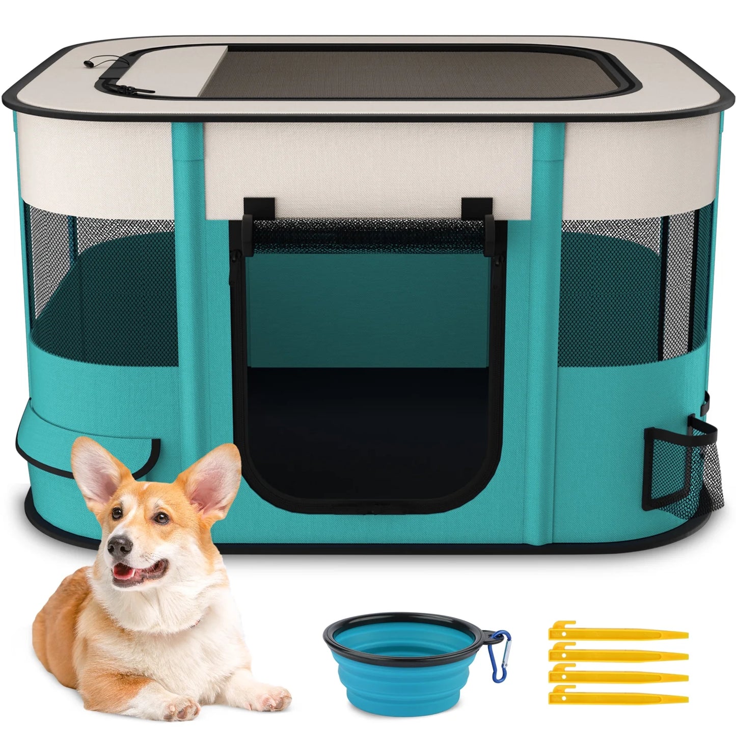 Portable Foldable Pet Playpen - Indoor/Outdoor Exercise Kennel with Removable Shade Cover for Dogs and Cats (Medium)