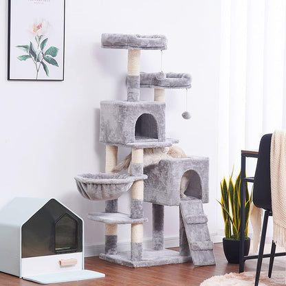 Elevate Your Cat's Playtime: 58'' Multi-Level Cat Tree with Plush Condos, Hammock & Scratching Posts - Light Gray