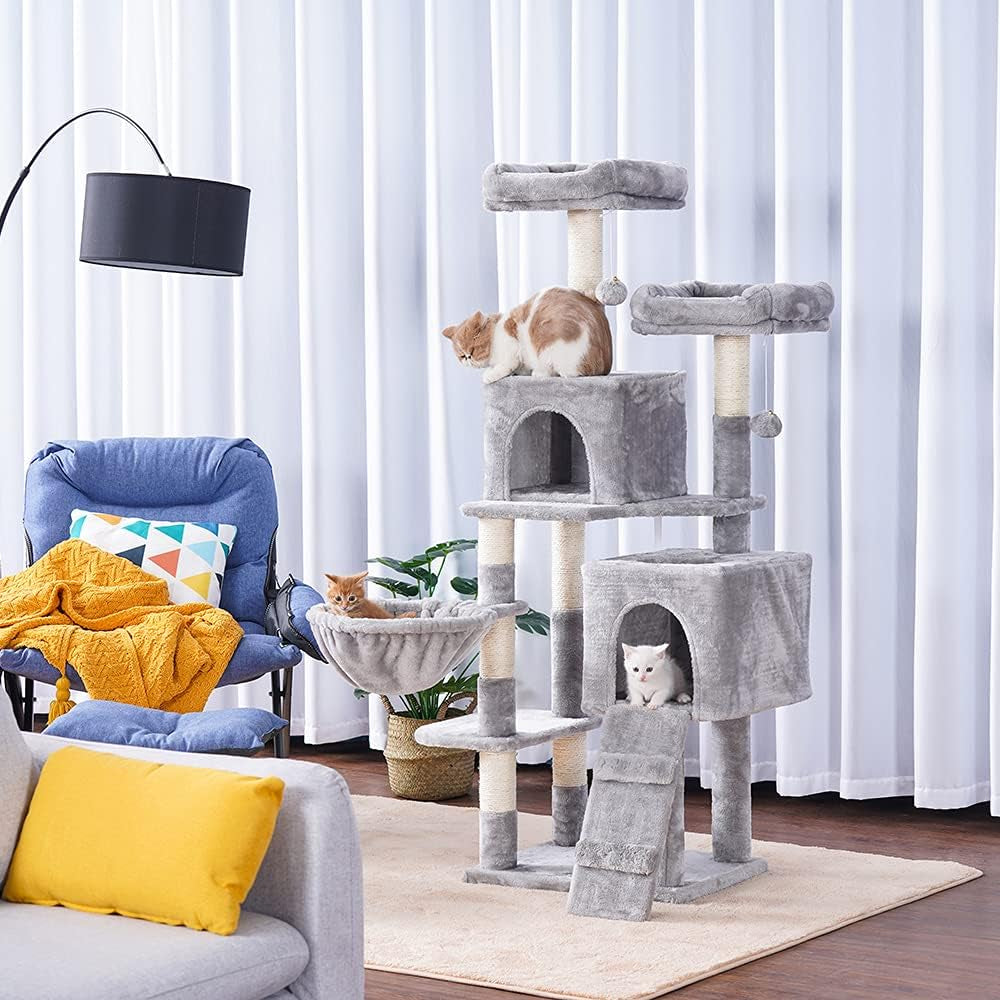 Elevate Your Cat's Playtime: 58'' Multi-Level Cat Tree with Plush Condos, Hammock & Scratching Posts - Light Gray