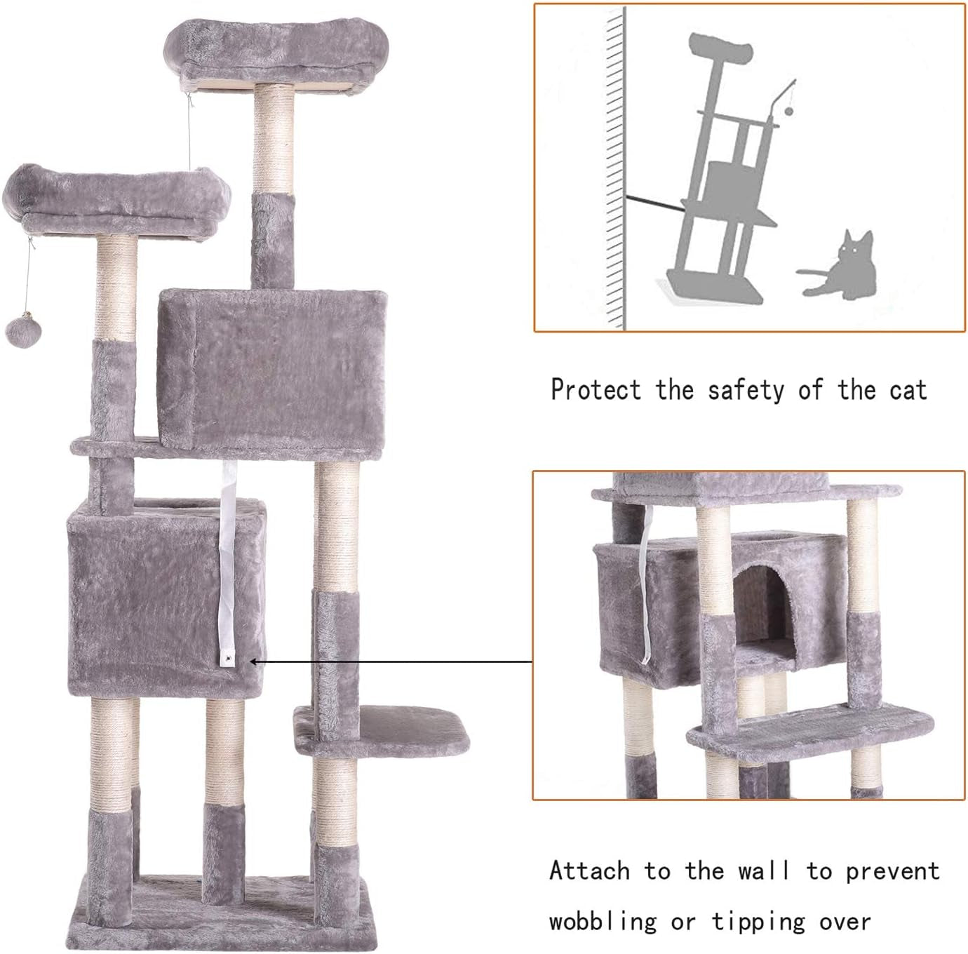Hey-Bro 60" Large Multi-Level Cat Tree with Scratching Posts, Plush Condos & Perches - Perfect for Cats & Kittens - Light Gray
