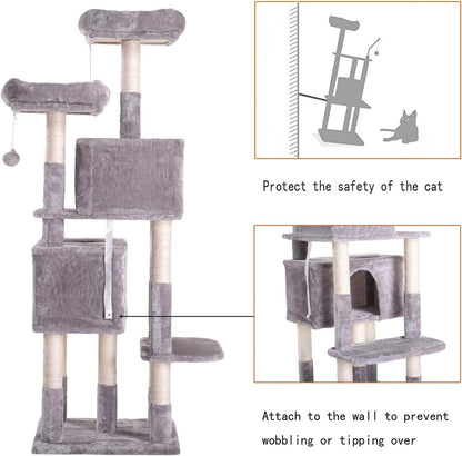 Hey-Bro 60" Large Multi-Level Cat Tree with Scratching Posts, Plush Condos & Perches - Perfect for Cats & Kittens - Light Gray