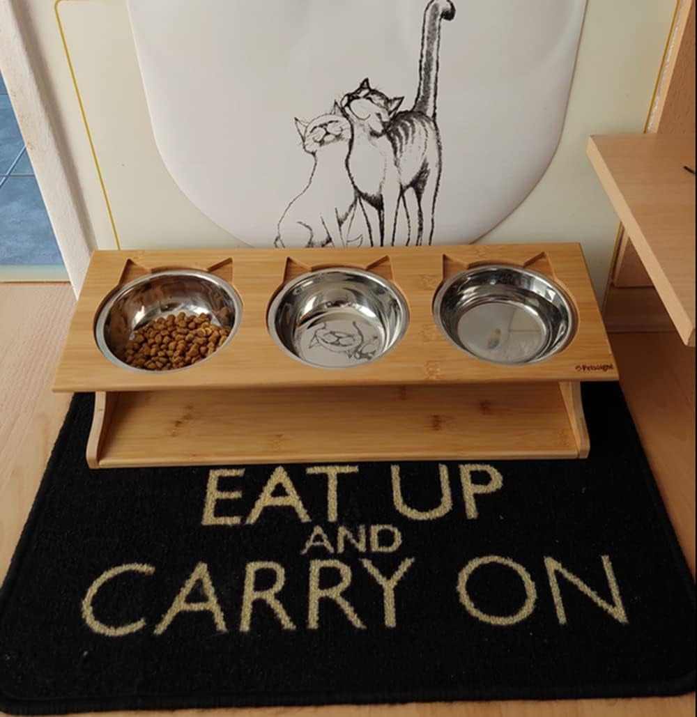 Elevated Cat and Dog Dining Table with Stylish Wooden Stand - 3 Steel Bowls Included