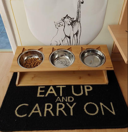 Elevated Cat and Dog Dining Table with Stylish Wooden Stand - 3 Steel Bowls Included