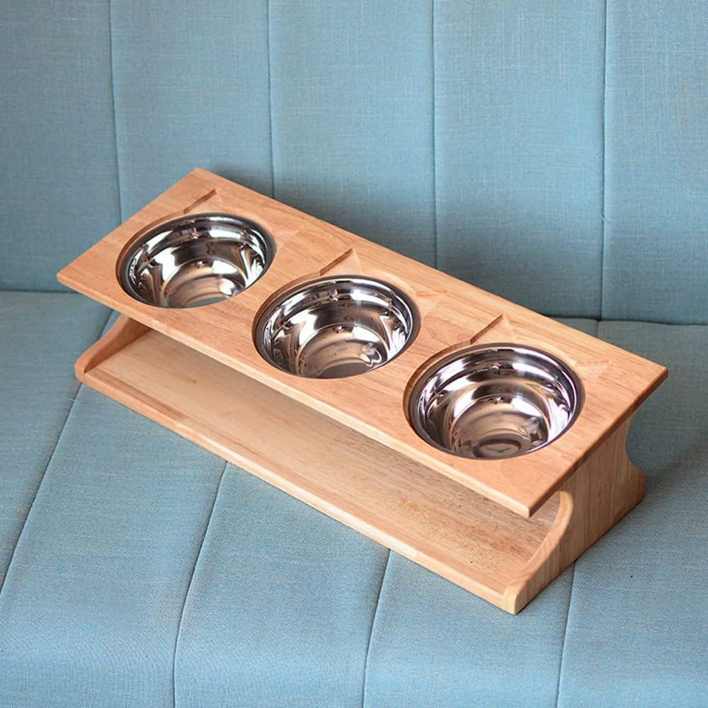 Elevated Cat and Dog Dining Table with Stylish Wooden Stand - 3 Steel Bowls Included