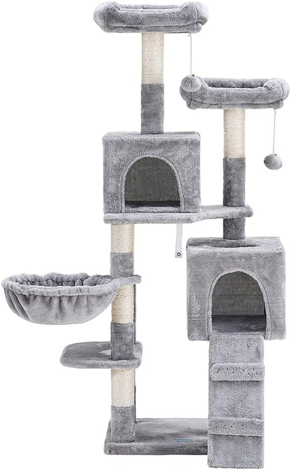 Elevate Your Cat's Playtime: 58'' Multi-Level Cat Tree with Plush Condos, Hammock & Scratching Posts - Light Gray