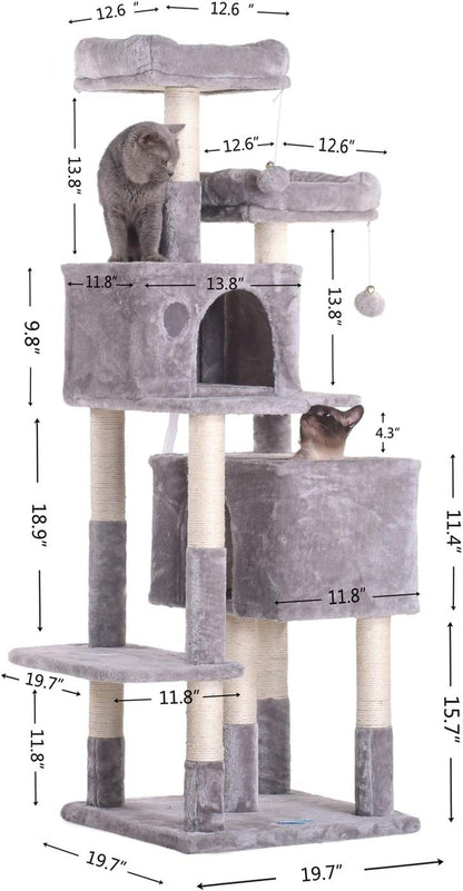 Hey-Bro 60" Large Multi-Level Cat Tree with Scratching Posts, Plush Condos & Perches - Perfect for Cats & Kittens - Light Gray