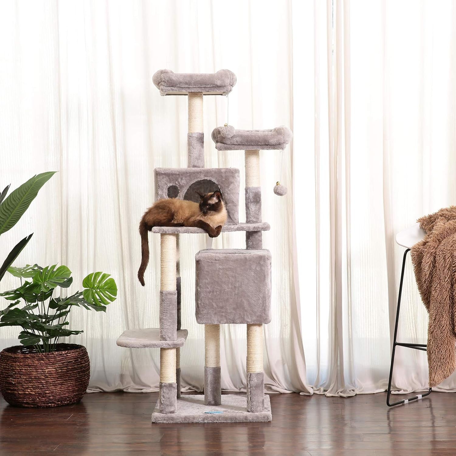 Hey-Bro 60" Large Multi-Level Cat Tree with Scratching Posts, Plush Condos & Perches - Perfect for Cats & Kittens - Light Gray
