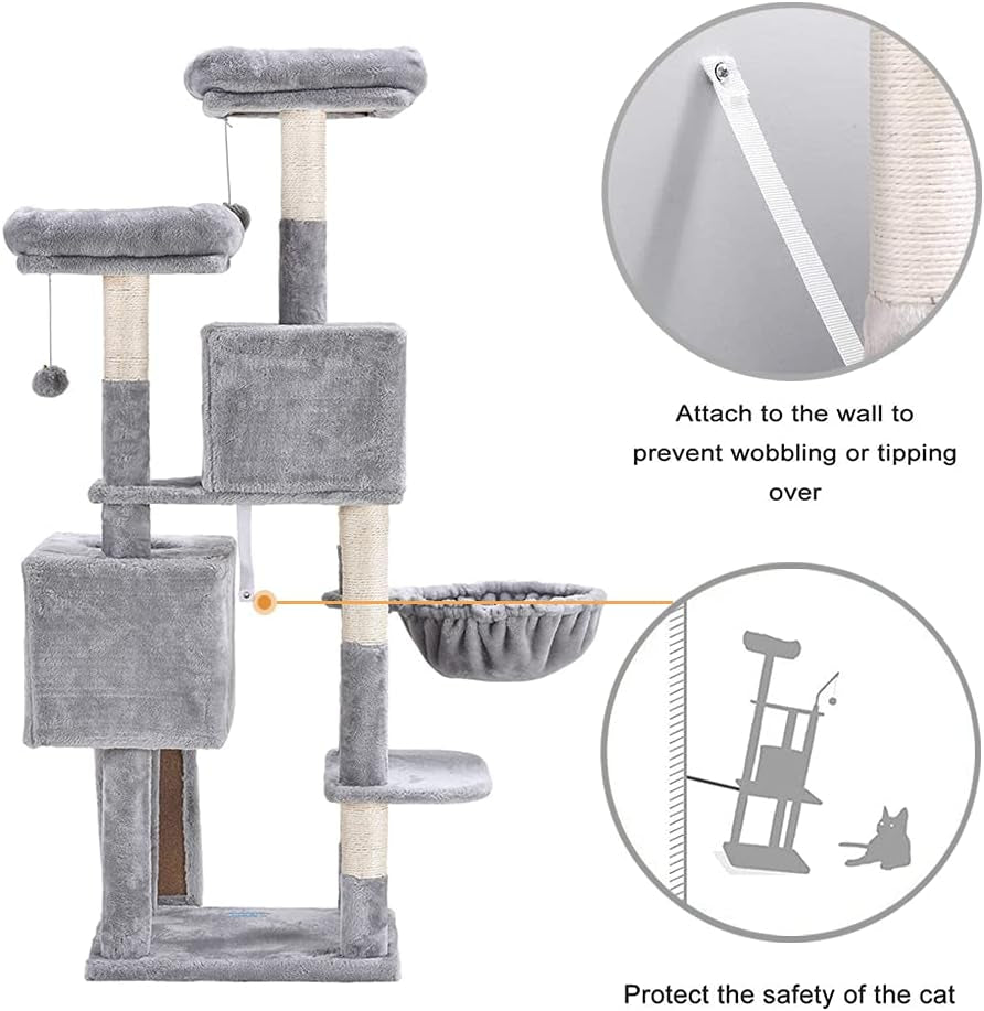 Elevate Your Cat's Playtime: 58'' Multi-Level Cat Tree with Plush Condos, Hammock & Scratching Posts - Light Gray