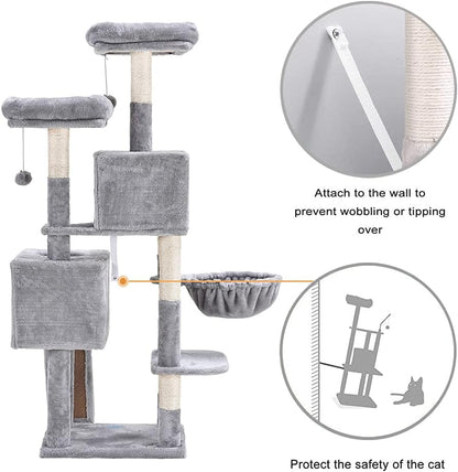 Elevate Your Cat's Playtime: 58'' Multi-Level Cat Tree with Plush Condos, Hammock & Scratching Posts - Light Gray