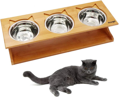 Elevated Cat and Dog Dining Table with Stylish Wooden Stand - 3 Steel Bowls Included