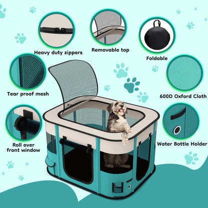 Portable Foldable Pet Playpen - Indoor/Outdoor Exercise Kennel with Removable Shade Cover for Dogs and Cats (Medium)