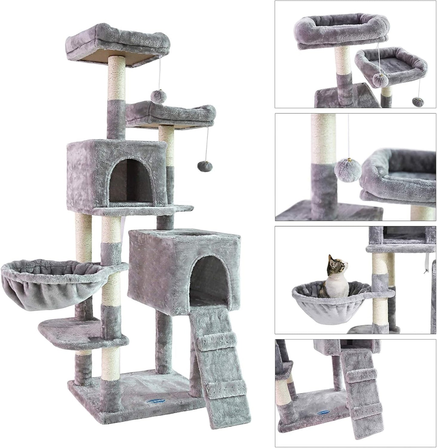 Elevate Your Cat's Playtime: 58'' Multi-Level Cat Tree with Plush Condos, Hammock & Scratching Posts - Light Gray