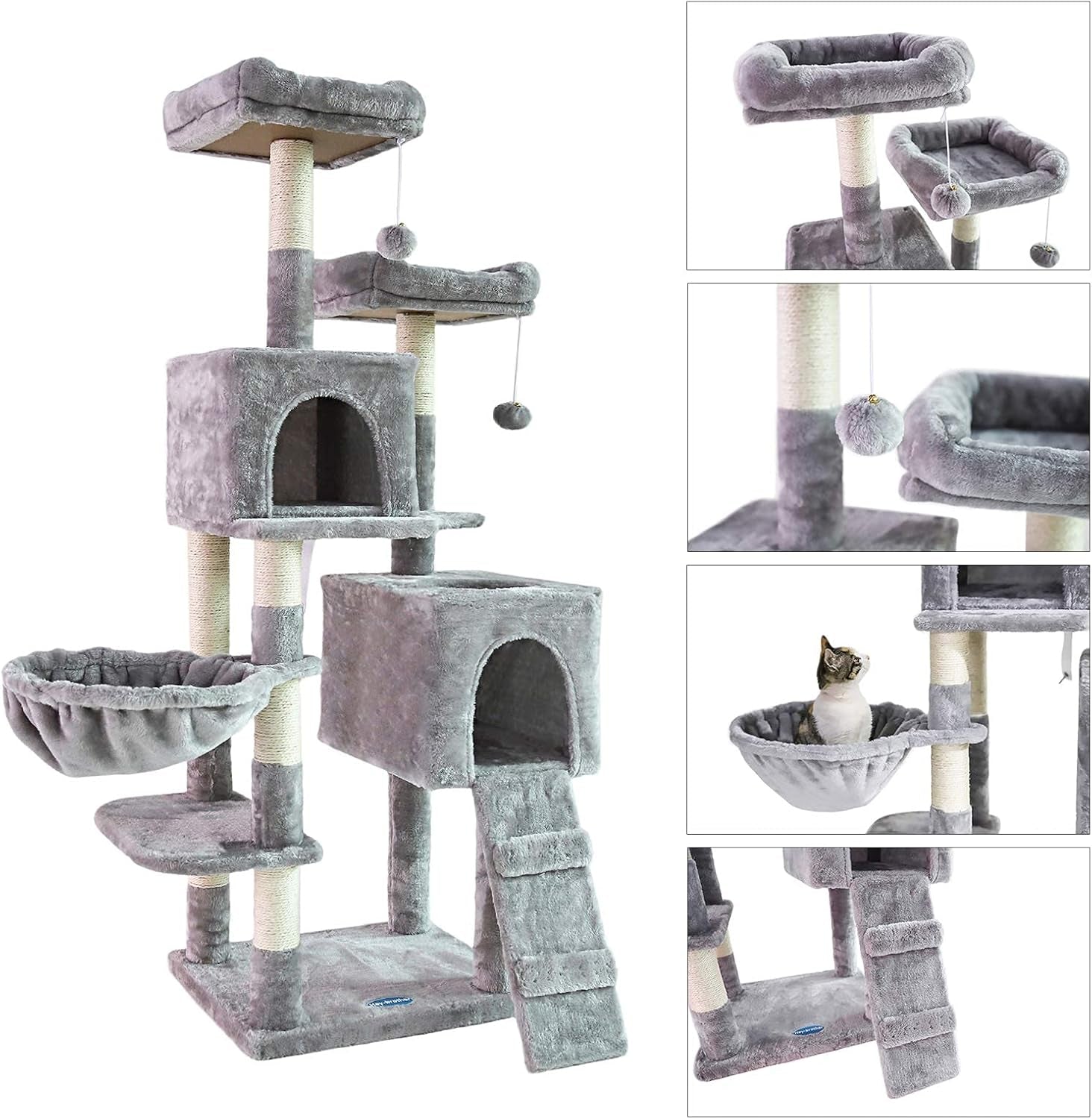 Elevate Your Cat's Playtime: 58'' Multi-Level Cat Tree with Plush Condos, Hammock & Scratching Posts - Light Gray