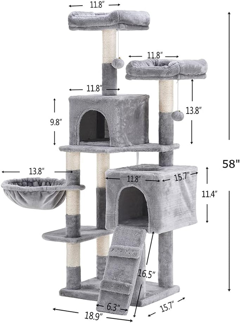 Elevate Your Cat's Playtime: 58'' Multi-Level Cat Tree with Plush Condos, Hammock & Scratching Posts - Light Gray