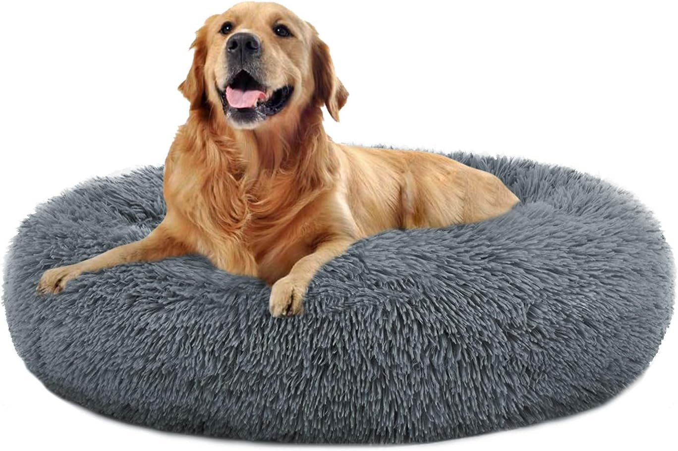 Cozy Calming Donut Cuddler Bed for Large & Medium Dogs and Cats - Plush Faux Fur Pillow Pet