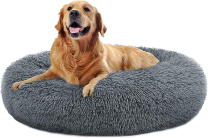 Cozy Calming Donut Cuddler Bed for Large & Medium Dogs and Cats - Plush Faux Fur Pillow Pet