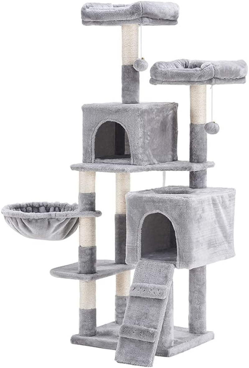 Elevate Your Cat's Playtime: 58'' Multi-Level Cat Tree with Plush Condos, Hammock & Scratching Posts - Light Gray