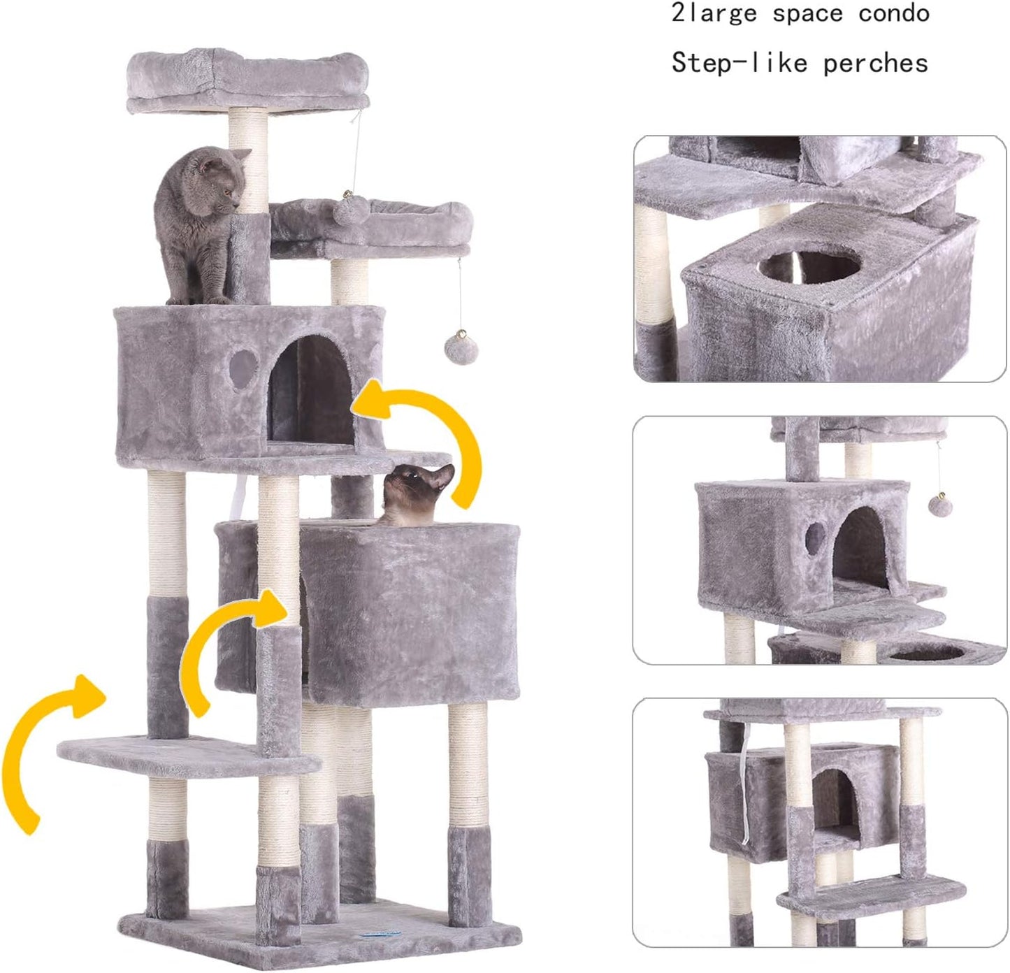 Hey-Bro 60" Large Multi-Level Cat Tree with Scratching Posts, Plush Condos & Perches - Perfect for Cats & Kittens - Light Gray
