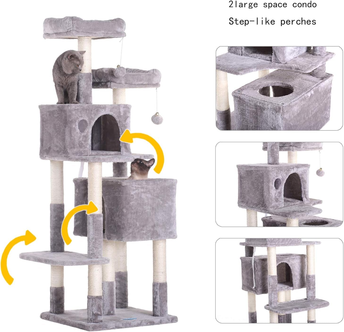 Hey-Bro 60" Large Multi-Level Cat Tree with Scratching Posts, Plush Condos & Perches - Perfect for Cats & Kittens - Light Gray