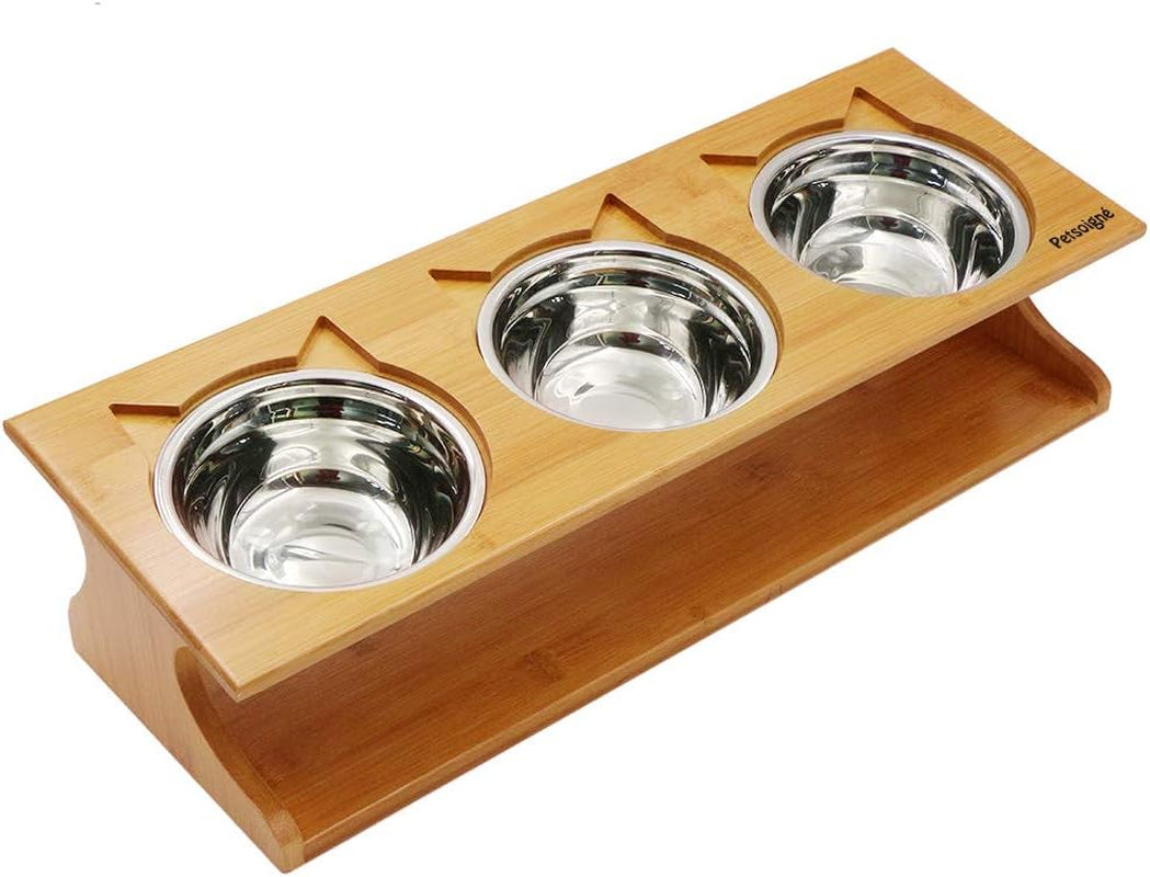 Elevated Cat and Dog Dining Table with Stylish Wooden Stand - 3 Steel Bowls Included