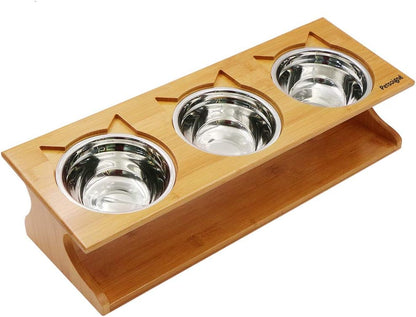 Elevated Cat and Dog Dining Table with Stylish Wooden Stand - 3 Steel Bowls Included