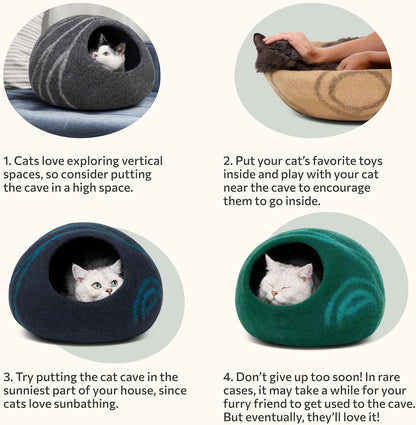 Luxurious Handmade Merino Wool Cat Cave - Slate Grey Large Felt Bed for Indoor Cats