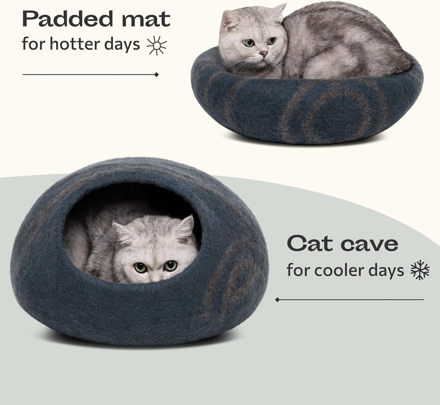 Luxurious Handmade Merino Wool Cat Cave - Slate Grey Large Felt Bed for Indoor Cats