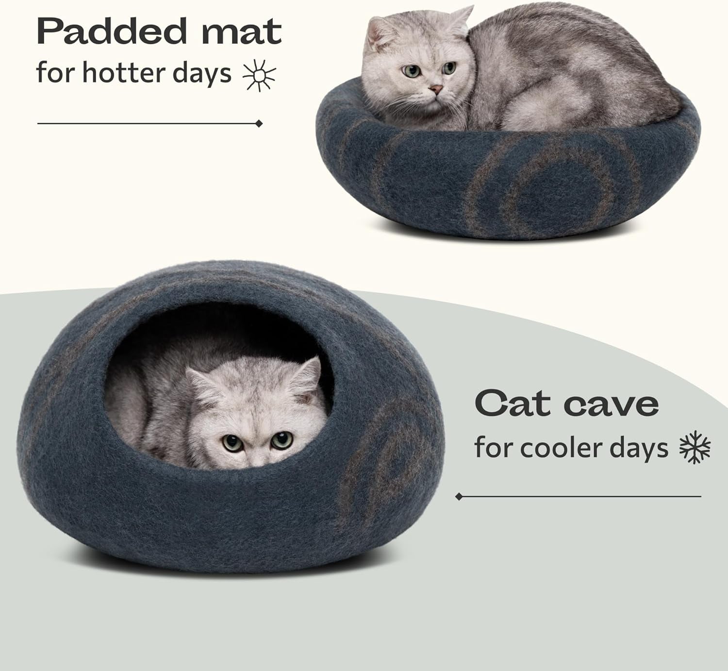 Luxurious Handmade Merino Wool Cat Cave - Slate Grey Large Felt Bed for Indoor Cats