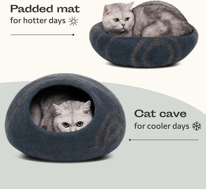 Luxurious Handmade Merino Wool Cat Cave - Slate Grey Large Felt Bed for Indoor Cats