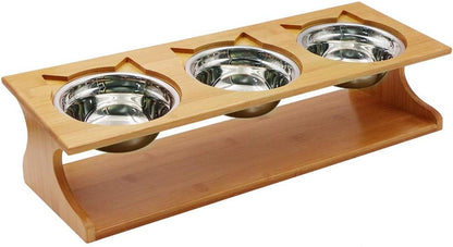 Elevated Cat and Dog Dining Table with Stylish Wooden Stand - 3 Steel Bowls Included