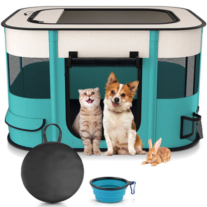 Portable Foldable Pet Playpen - Indoor/Outdoor Exercise Kennel with Removable Shade Cover for Dogs and Cats (Medium)