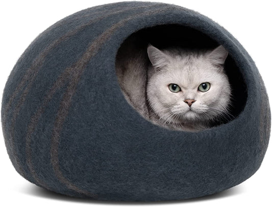 Luxurious Handmade Merino Wool Cat Cave - Slate Grey Large Felt Bed for Indoor Cats