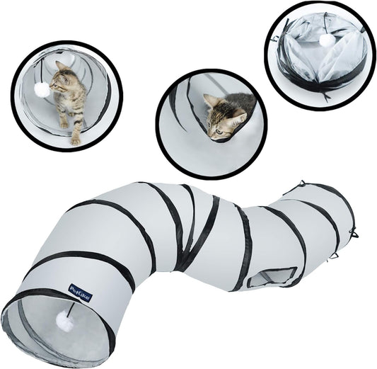 S Way Collapsible Cat Tunnel - Grey Pop-Up Hideaway Play Tube with Ball