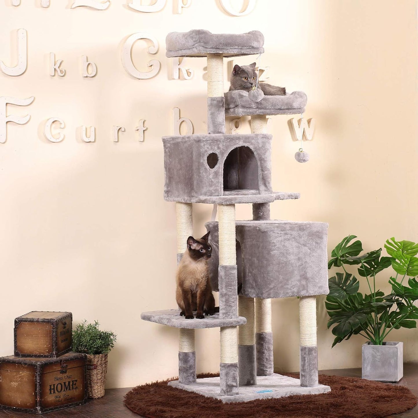 Hey-Bro 60" Large Multi-Level Cat Tree with Scratching Posts, Plush Condos & Perches - Perfect for Cats & Kittens - Light Gray
