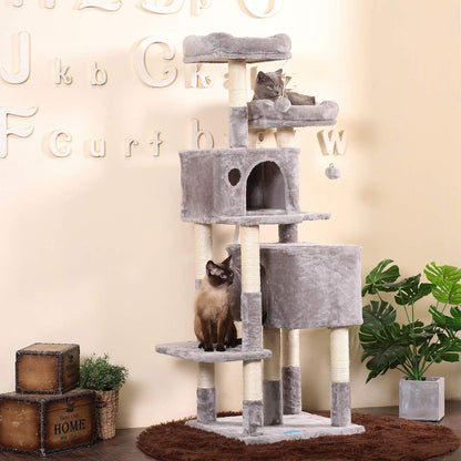 Hey-Bro 60" Large Multi-Level Cat Tree with Scratching Posts, Plush Condos & Perches - Perfect for Cats & Kittens - Light Gray