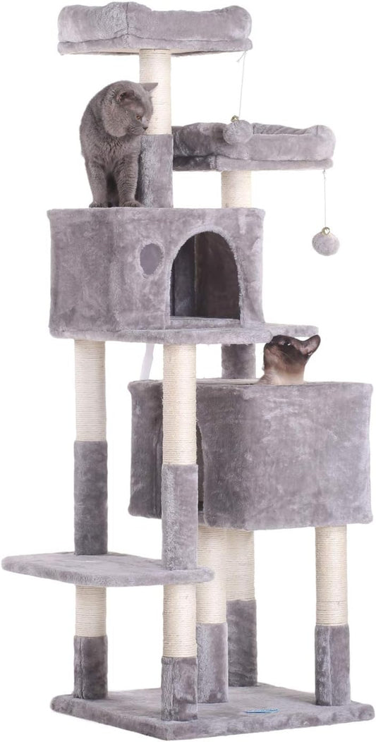 Hey-Bro 60" Large Multi-Level Cat Tree with Scratching Posts, Plush Condos & Perches - Perfect for Cats & Kittens - Light Gray