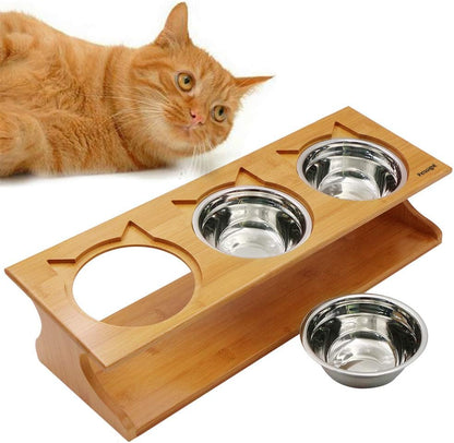 Elevated Cat and Dog Dining Table with Stylish Wooden Stand - 3 Steel Bowls Included