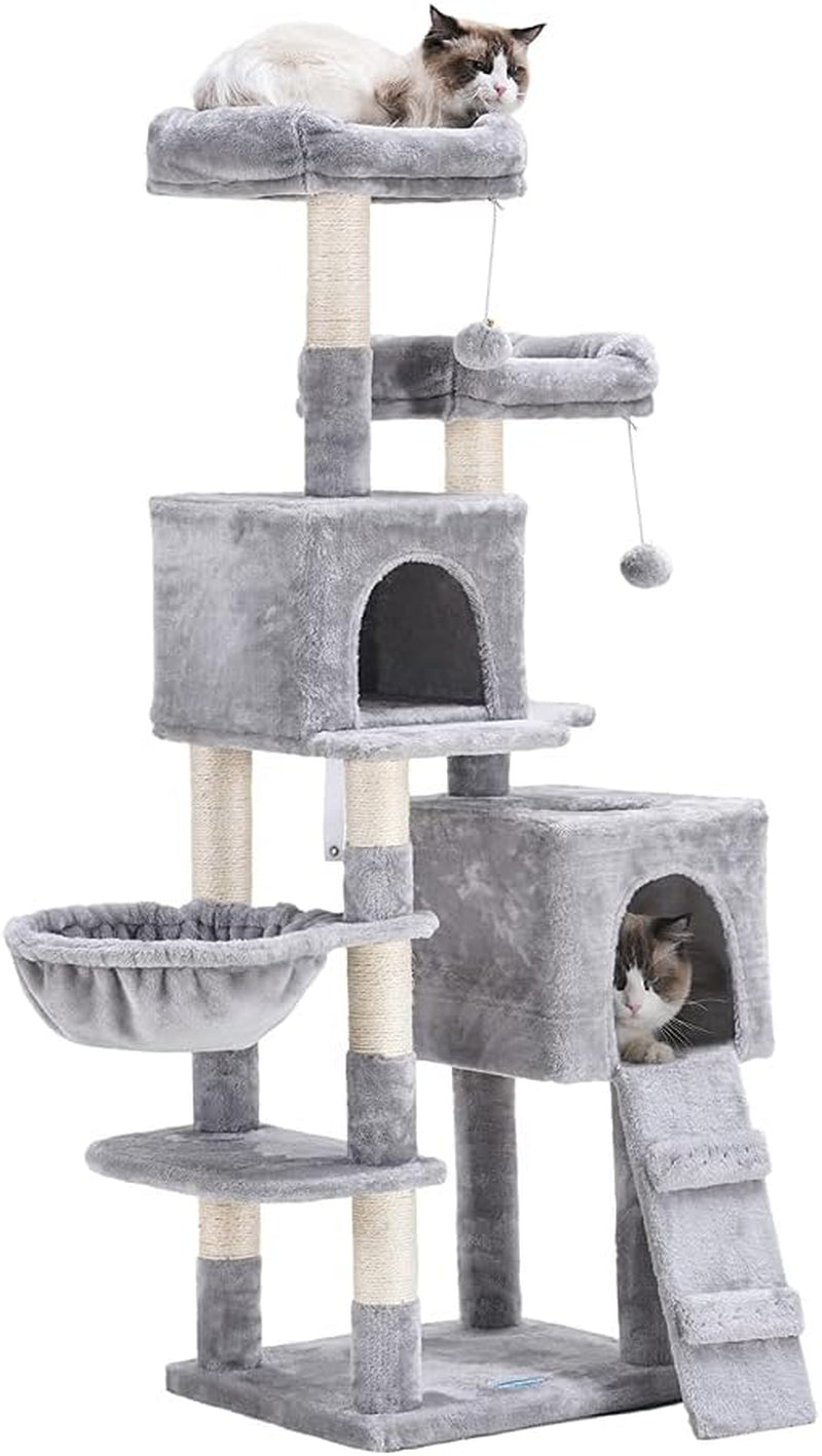 Elevate Your Cat's Playtime: 58'' Multi-Level Cat Tree with Plush Condos, Hammock & Scratching Posts - Light Gray