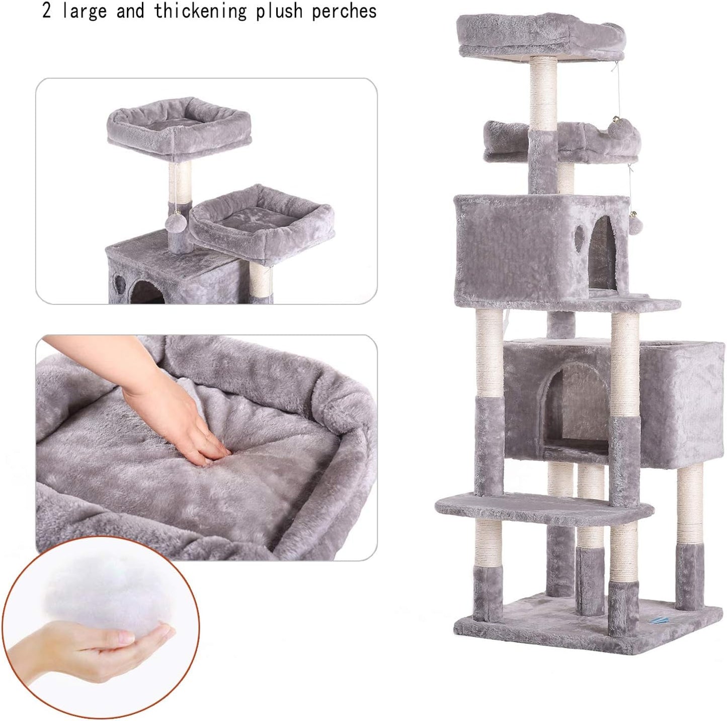 Hey-Bro 60" Large Multi-Level Cat Tree with Scratching Posts, Plush Condos & Perches - Perfect for Cats & Kittens - Light Gray
